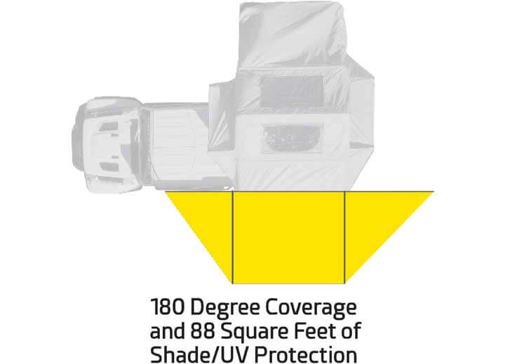 Diagram showing 180° coverage and 88 sq ft of shade/UV protection of Smittybilt 180° Awning.